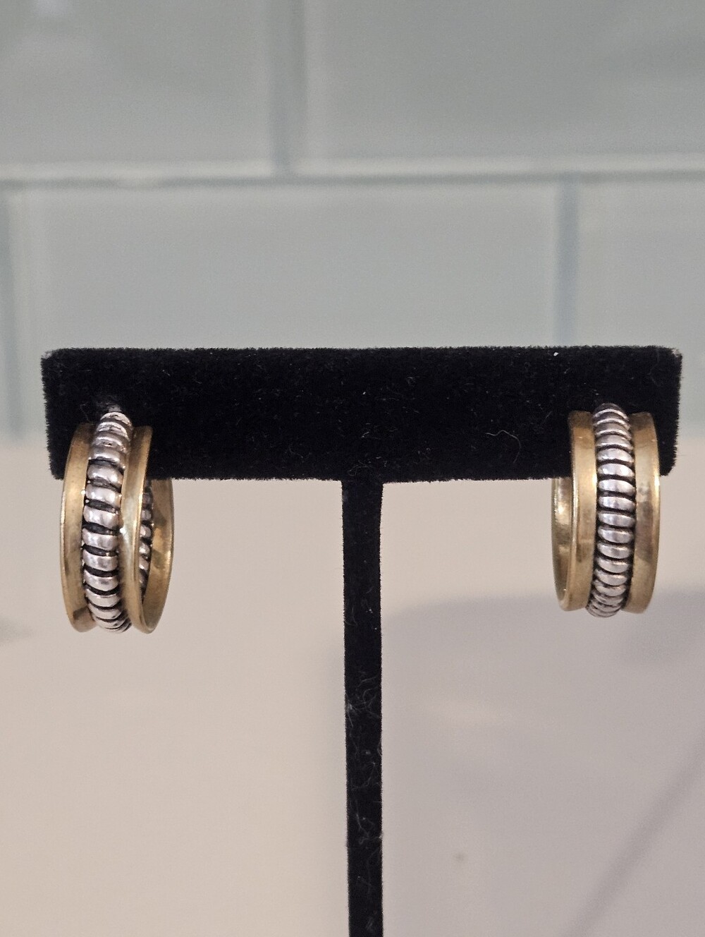 Vintage Silpada Sterling Silver Brass 1" Two Tone Hoop Earrings .5" Wide Signed